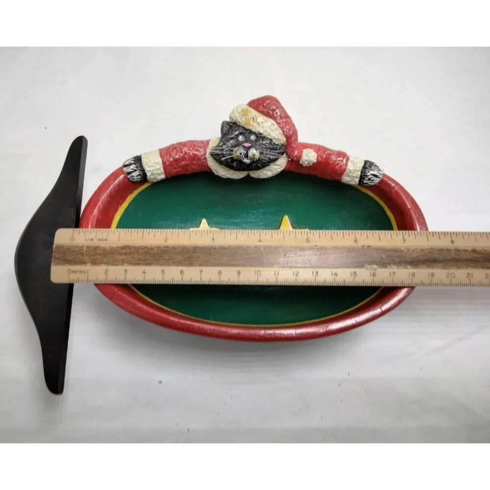 Kurt S Adler Oval Bowl Santa Cat Vintage Candy Dish Distressed Decor